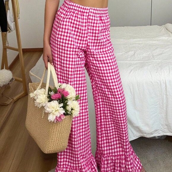 Hot Pink Casual Women's Loose Gingham Pants - Picture 1 of 5